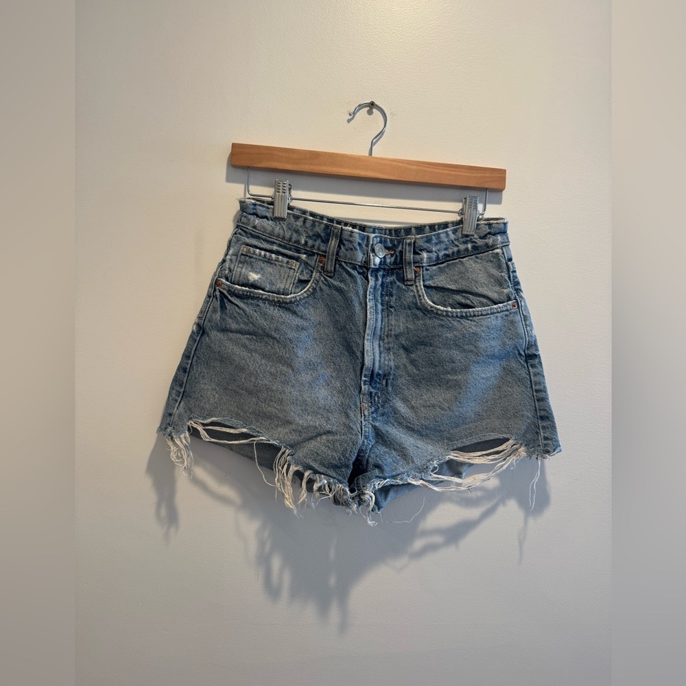 High-Waisted Distressed Denim Shorts - Blue